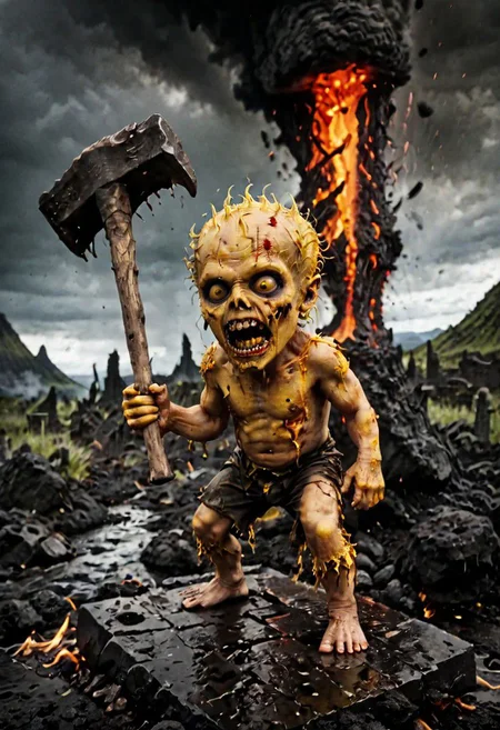wide-angle shot of yellow DEVIL SPAWN, holding up an ax, surrounded by lava