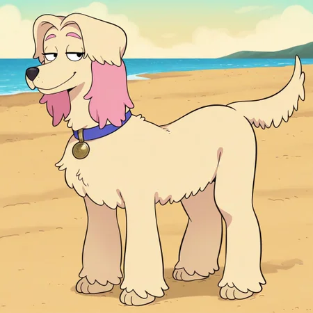 Little_B(H), Solo, 1girl, feral, dog, afghan hound, tan fur, pink ears, dog ears, black nose, black eyes, pink eyebrows, blue collar, gold dog tag, dog tail, looking at viewer, full body, eyes half closed, smiling, standing, beach background,