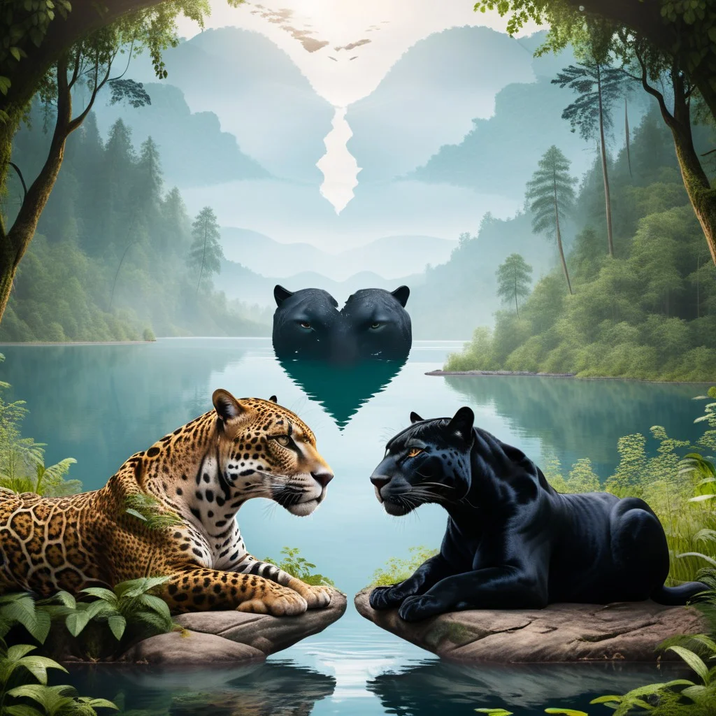 A panther and a jaguar laying together in the forest, (the negative space making an heart shape between them), looking out over a lake.
masterpiece, 8k, high definition