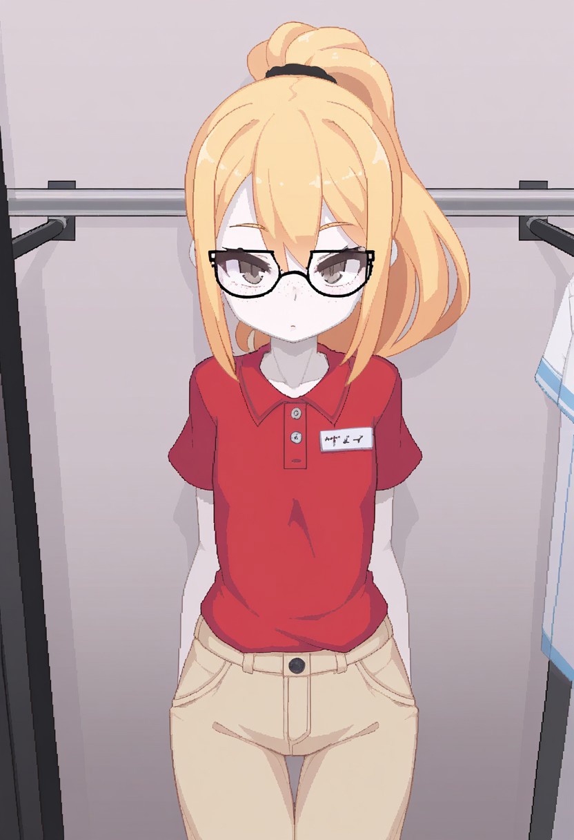 (masterwork, masterpiece, best quality, hyper-detailed), perfect quality, ultra-detailed, amazing quality, very aesthetic, intricate details, absurdres, newest, dynamic pose, new, stylish, 8k,1woman, (((solo))), 24yo female, cute girl, pale skin, (clothing store), looking at viewer, looking over shoulder, hazel eyes,((long)) blonde hair in ponytail, thin wire glasses, red blouse, khaki pants, freckles, beauty mark above lip, nametag button, skinny, Smooth_Negative, smooth_quality, L-buffer, ((pixel art)), pixels