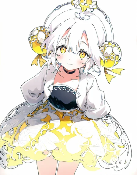 yinxiangnang,1girl,solo,looking at viewer,white background,<lora:yinxiangnang-000014:1>,simple background,cowboy shot,white hair,arms behind back,, masterpiece, best quality, very aesthetic, absurdres,newest, incredibly absurdres,, (Ixy:0.6)),(hiten \(hitenkei\):0.7),