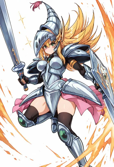 (masterpiece, best quality, good quality, very aesthetic, absurdres, newest:1.2), (curvy, medium breasts), zzDMGDragonKnight, green eyes, long hair, blonde hair, hair between eyes, armor, helmet, sword, slashing, dynamic pose, action shot, battle, sparks flying a In the heat of battle, the dragon knight lunges forward, her emerald-green eyes locked onto her foe. Her long blonde hair flows wildly beneath her ornate helmet, strands framing her intense gaze. The polished armor gleams under the battlefieldas fiery glow as she swings her massive sword in a powerful arc. Sparks fly as the blade clashes against steel, the sheer force of her strike distorting the air. Her stance is fierce, muscles tense, exuding both strength and grace. Dust swirls around her feet, and the battlefield trembles as she dominates the fight with relentless precision. (dynamic pose, sword slash, motion lines:1.2),
