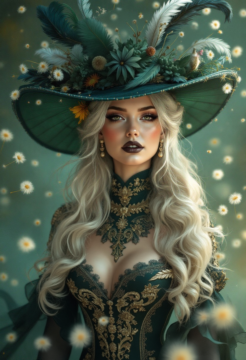 A highly detailed, photorealistic portrait of an elegant woman in a fantasy-inspired Victorian-style outfit. She wears a dark green high-necked dress with intricate golden embroidery, fitting her form closely and flowing gracefully. Her long, platinum blonde hair cascades in soft, flowing waves beneath an extravagant wide-brimmed hat adorned with delicate feathers, flowers, and floating dandelion seeds. Her makeup is dramatic, with dark, seductive lipstick and a slight, mysterious smile. The background is soft and ethereal, with a blend of teal and green tones, creating a dreamy, enchanting atmosphere as dandelion seeds float gently around her. The lighting softly illuminates her face and hat, casting a warm, magical glow that enhances her mystical allure
very detailed eyes