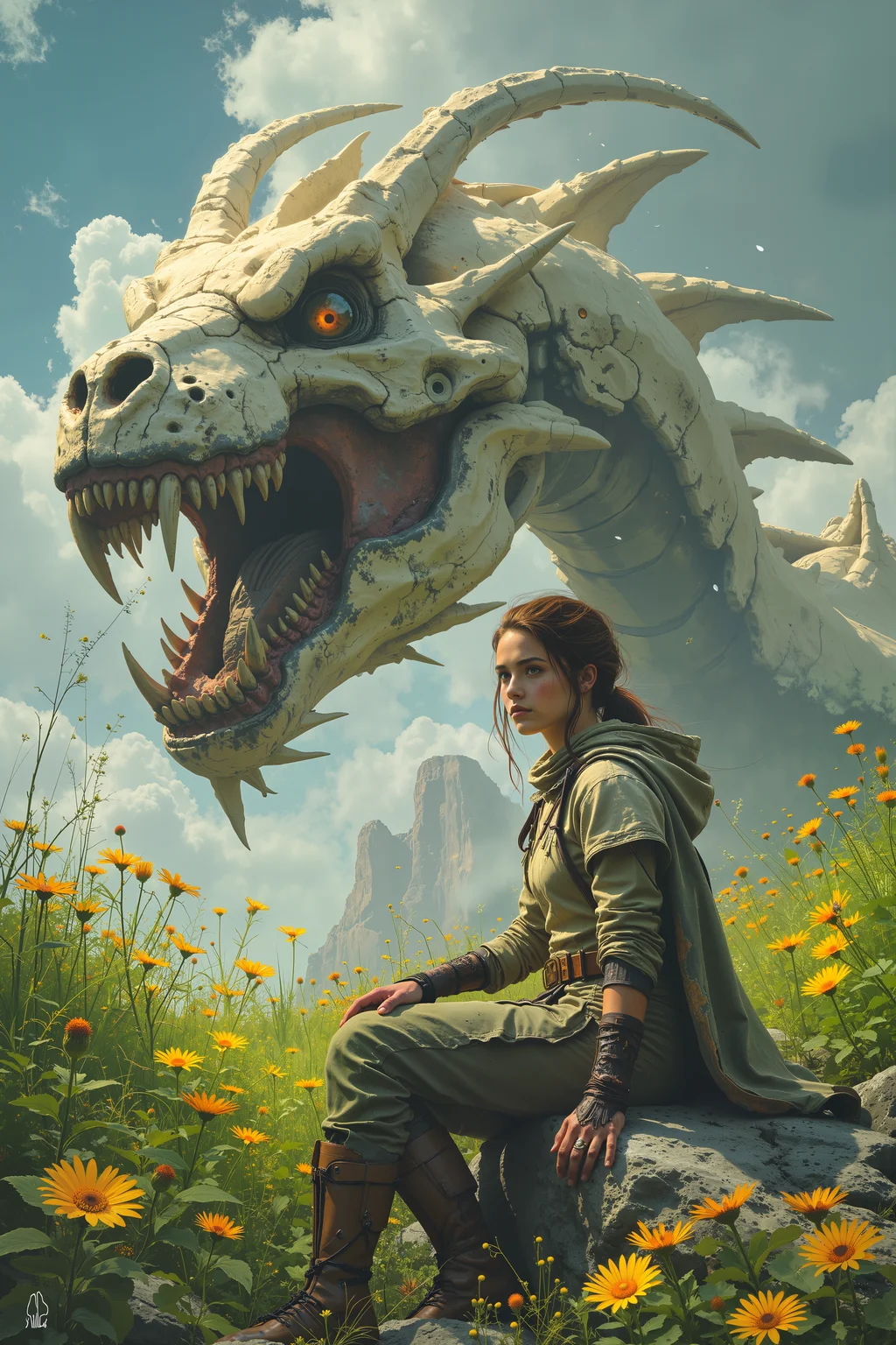a young woman with brown hair, dressed in a white cloak and green tunic, sitting on a rock beside a large, skeletal dragon-like creature. The creature's white bones contrast with its dark, jagged teeth. The background features a lush, green meadow with yellow flowers, and a partially cloudy sky. The style is vibrant and whimsical, with soft shading and detailed textures., detailed background Fantastic lighting. Detailed shadows.intricate details, vivid colors, hyper-detailed, ultra-sharp, , <lora:Luminous_Shadowscape-000016:0.4><lora:black_fantasy_1.0:0.4><lora:Glitchcore_Flux:0.4><lora:- Flux1 - vanta_black_V2.0:0.4>