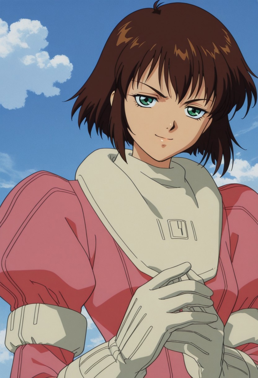 masterpiece, best quality, source_anime,official art,perfect_anatomy,1990s_\(style\),retro_artstyle,(higgins saz:1.2), 1girl, green eyes,short hair, brown hair, white skin,dress,pilot suit,puffy sleeves,gloves, looking_at_viewer,v-shaped eyebrows,half-closed eyes,smile,upper body,day,blue_sky,cloud