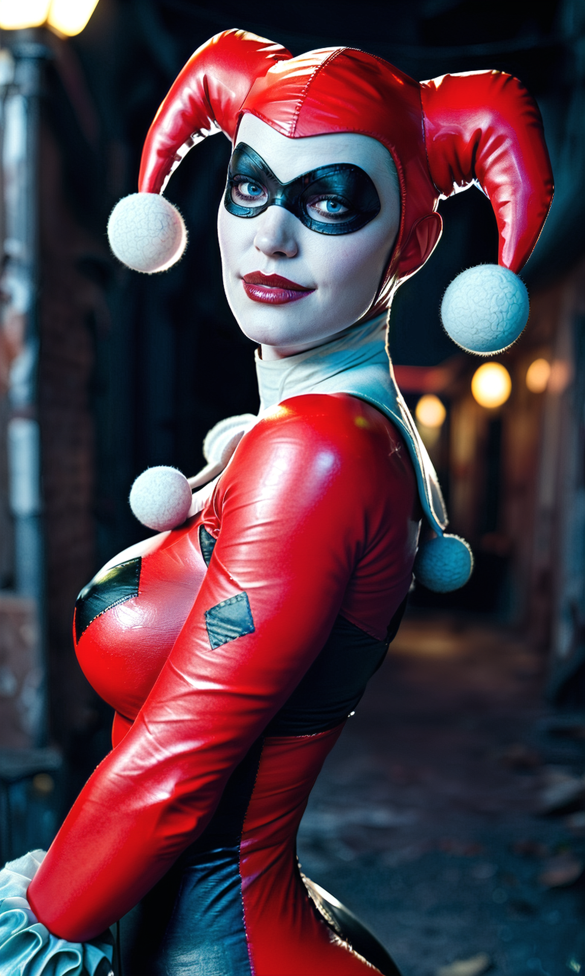 score_9, score_8_up, score_7_up, BREAK, zy_harleyquinn, 1girl, mask, makeup, gloves, hat, domino mask, blue eyes, lipstick, bodysuit, smirk, sexy pose, jester cap, portrait, realistic, photo, real hair, detailed skin, dark alley, night, highly detailed, detailed skin, depth of field, film grain, <lora:zy_Harley_Quinn_PonyRealism_v1:0.7>