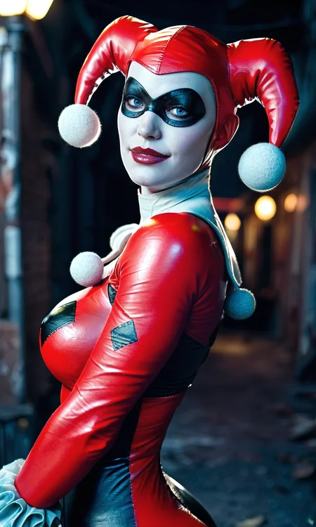 score_9, score_8_up, score_7_up, BREAK, zy_harleyquinn, 1girl, mask, makeup, gloves, hat, domino mask, blue eyes, lipstick, bodysuit, smirk, sexy pose, jester cap, portrait, realistic, photo, real hair, detailed skin, dark alley, night, highly detailed, detailed skin, depth of field, film grain, <lora:zy_Harley_Quinn_PonyRealism_v1:0.7>