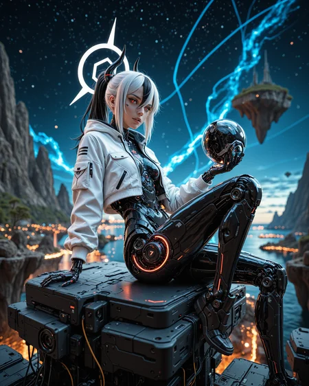 masterpiece, best quality, good quality, very aesthetic, absurdres, newest, 8K, film grain, photorealistic, neon glow, (floating island, starry sky:0.9), angular, sleek, scenery, futuristic, science fiction, cyberpunk, aidmaFLuxPro1.1, aidmaImageUpgrader BREAK young 1girl, [(kayoko_\(blue_archive\):0.99):(kayoko_\(blue_archive\):0.6):0.5], cyborg, robot girl, mechanical body, open cropped jacket, white jacket, parted lips, (light smile:0.7), white halo, head tilt, (sitting:0.4), (dynamic pose:1.0), barcode tattoo, streaked hair, white hair, black ponytail, (horns:0.9), hair between eyes, red eyes, white pupils, glamour <lora:aidmaFLuxPro1.1-IL-v0.3:0.3> <lora:- iLL - the_edgy_mech_V3.0:0.4> <lora:aidmaImageUpgrader-v0.3-IL:0.3> <lora:aidmaMJ6.1_v0.5_IL:0.15> <lora:Mechanism-Illustious:0.4> <lora:RealisticIL-000001:0.1>
