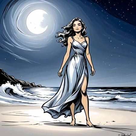 <lora:Azure_Sketch_Illustration:1> ArsMJStyle, AzureSketch, Moonlit Beach, A woman stands alone on a moonlit beach, waves lapping at her feet. She wears a simple dress, her hair flowing in the breeze.1girl, solo, beach, moonlight, waves, dress, long hair, calm, peaceful, silver glow, night, ocean, serene
