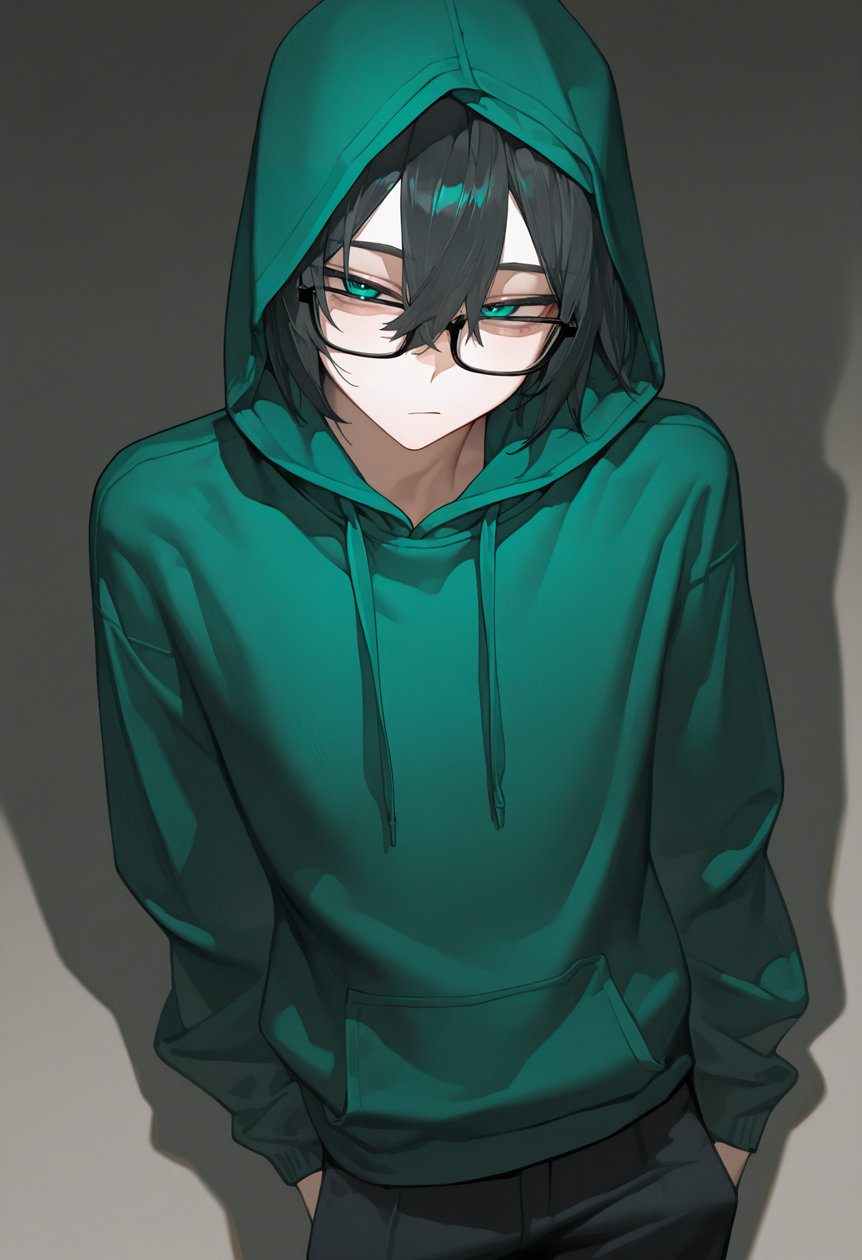 <lora:eatsleep111SDXL:0.75>, best quality, masterpiece, eatsleep1111, vedal987, hood up, 1boy, green hoodie, black hair, glasses, drawstring,  black-framed eyewear, pants,  double-parted bangs,  <lora:NeuroEvilVedalSDXLNoobAI10:1>,
