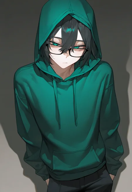 <lora:eatsleep111SDXL:0.75>, best quality, masterpiece, eatsleep1111, vedal987, hood up, 1boy, green hoodie, black hair, glasses, drawstring, black-framed eyewear, pants, double-parted bangs, <lora:NeuroEvilVedalSDXLNoobAI10:1>,