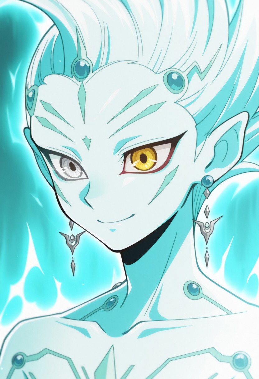 masterpiece,best quality,amazing quality, source_anime, 
astralzx, 1boy, male focus, solo, blue skin, spiked hair, pointy ears, earrings, heterocromia, grey eyes, yellow eyes, aqua theme, smile, portrait, aura,