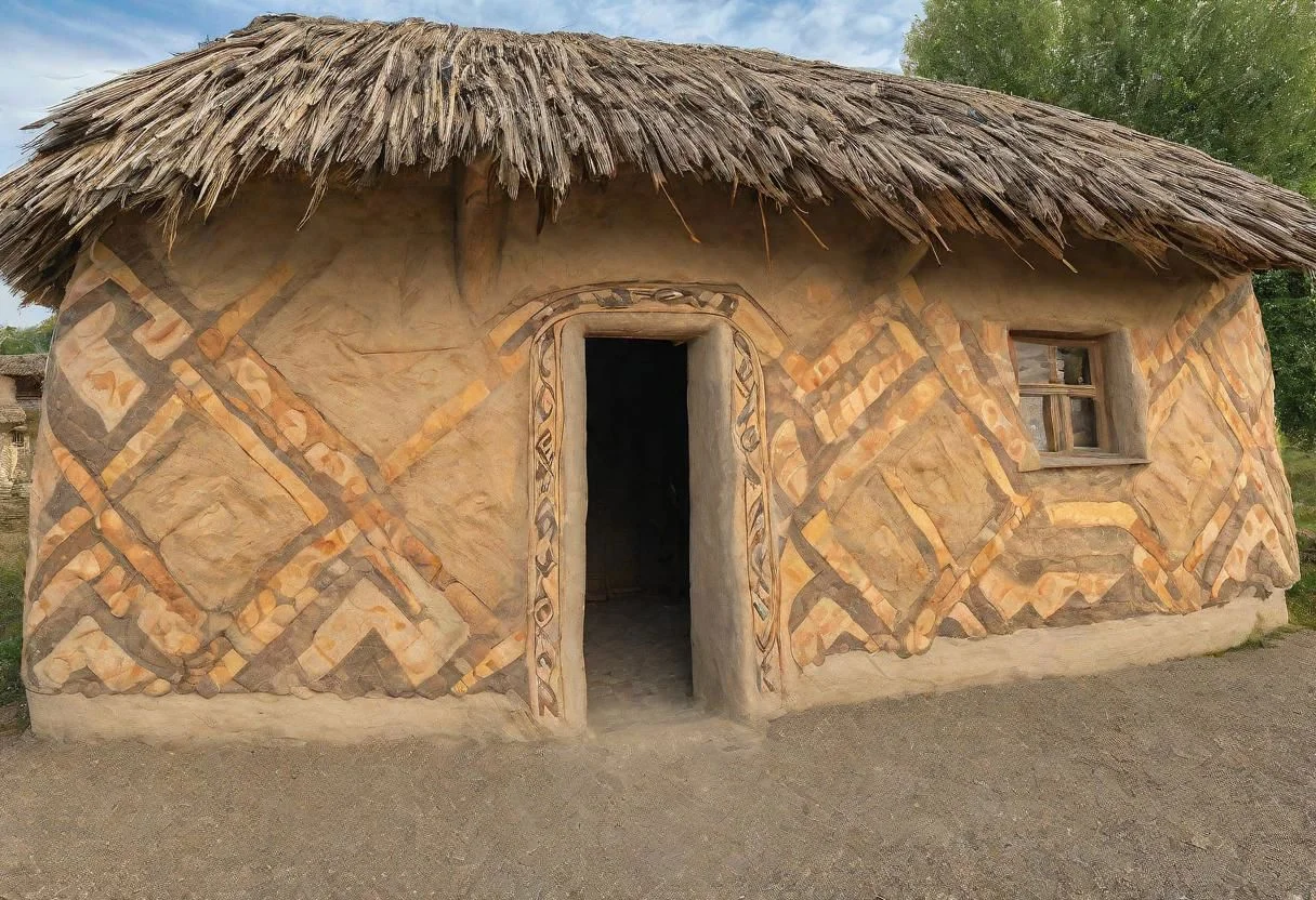 HDR,UHD,8K,Highly detailed,realistic,photo-realistic:1.37), exterior of a neolithic house painted in neolithic style, neolithic pattern