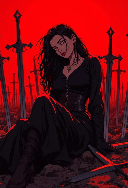 A gothic warrior with long black hair and a dark dress, reclining against a sea of swords planted in the ground. The red sky intensifies the dark mood, and her eyes are filled with a haunting calm. The swords glisten under the crimson light. (epic dark fantasy style).
ne0nfant4sy