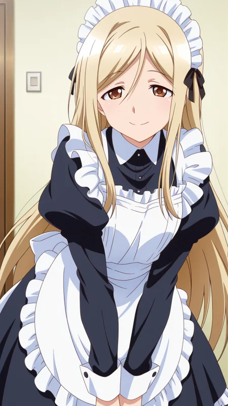 solo, smile,, masterpiece, best quality, amazing quality, very aesthetic, absurdres, newest, anime screencap, <lora:takanoILM:1>, takano miyo, long hair, very long hair, blonde hair, parted bangs, brown eyes, hair between eyes,, maid, maid apron, frills, frilled dress, black dress, maid headdress, modern house,