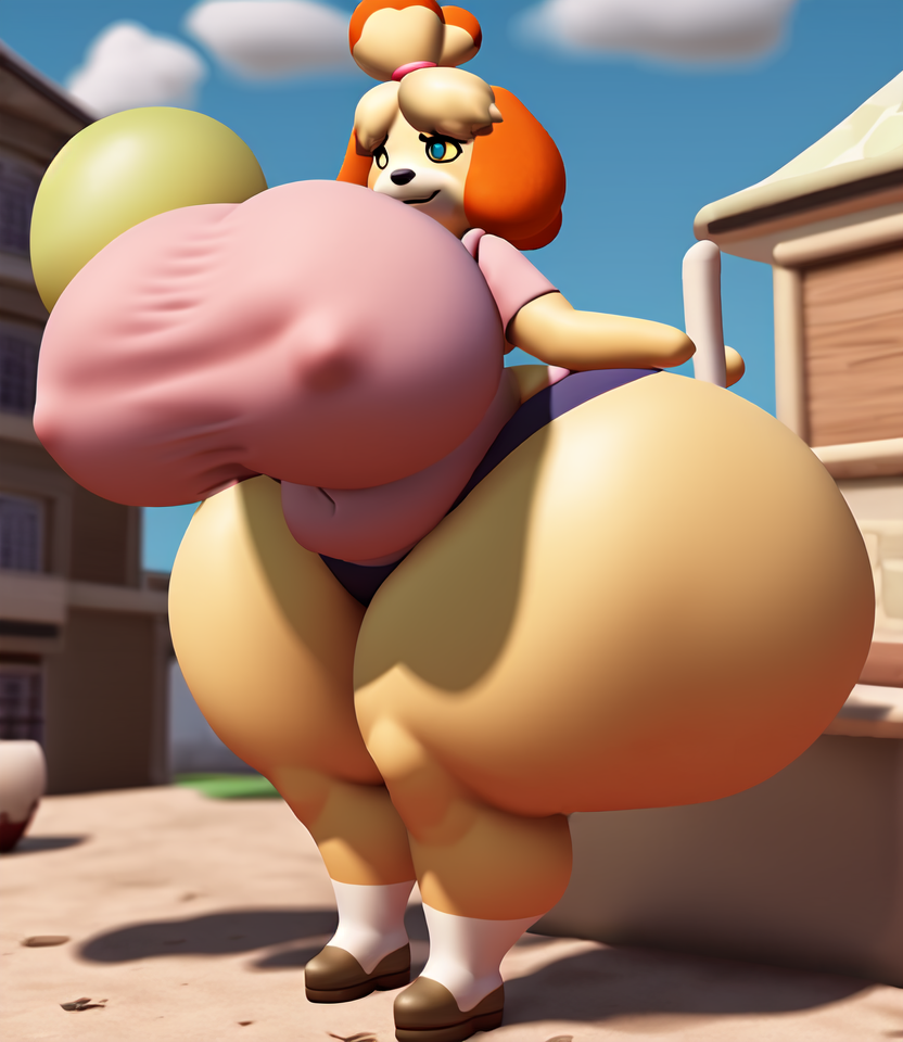 photorealistic, isabelle \(animal crossing\), animal crossing, domestic dog, shih tzu, detailed background, detailed face, inflating, hyper breasts, hyper hips, hyper butt, three-quarter view <lora:Inflation08-One4AllFur:0.8>