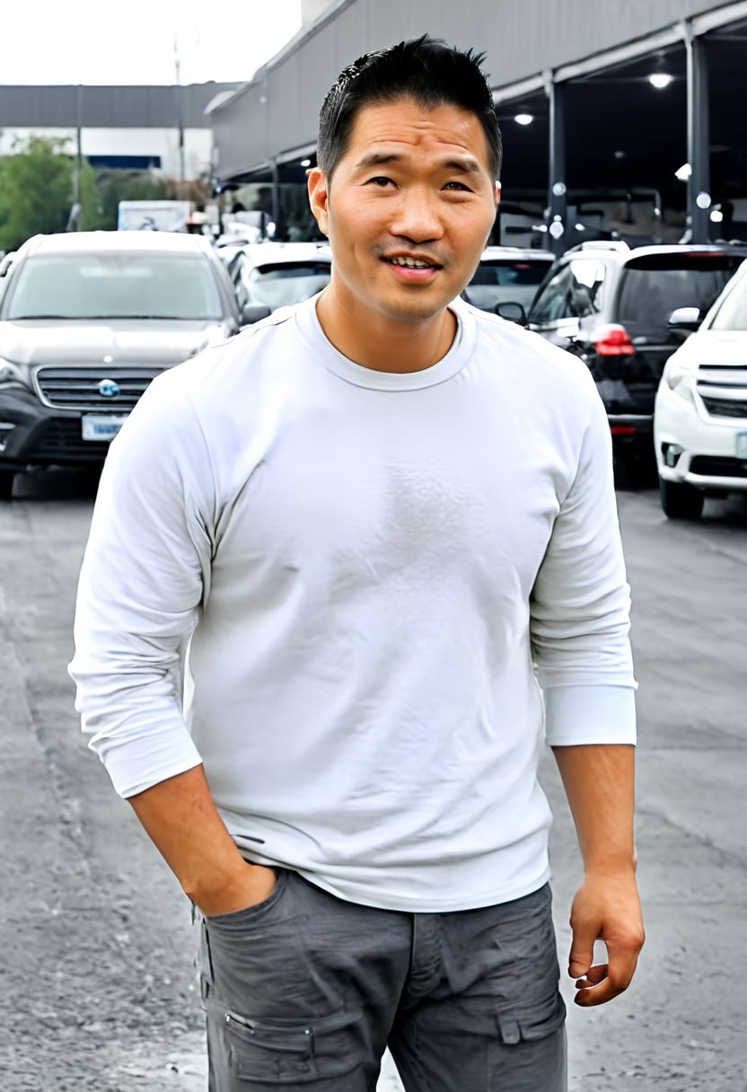 (((htkangface))), daddy,  natural face expression, (((detailed HtKangface))), fixed htKangface Photorealistic, realistic, masterpiece, intricate details, detailed background, depth of field, photo of a handsome, dynamic pose, natural face expression, (((looking at viewer))), high detail, high quality, male focus,  ((white shirt)), ((pants)), ((dark parking area background)), full body