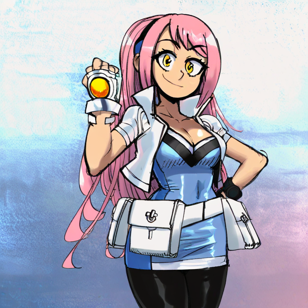 fingerless gloves, pink hair, gloves, cleavage, long hair, bangs, yellow eyes