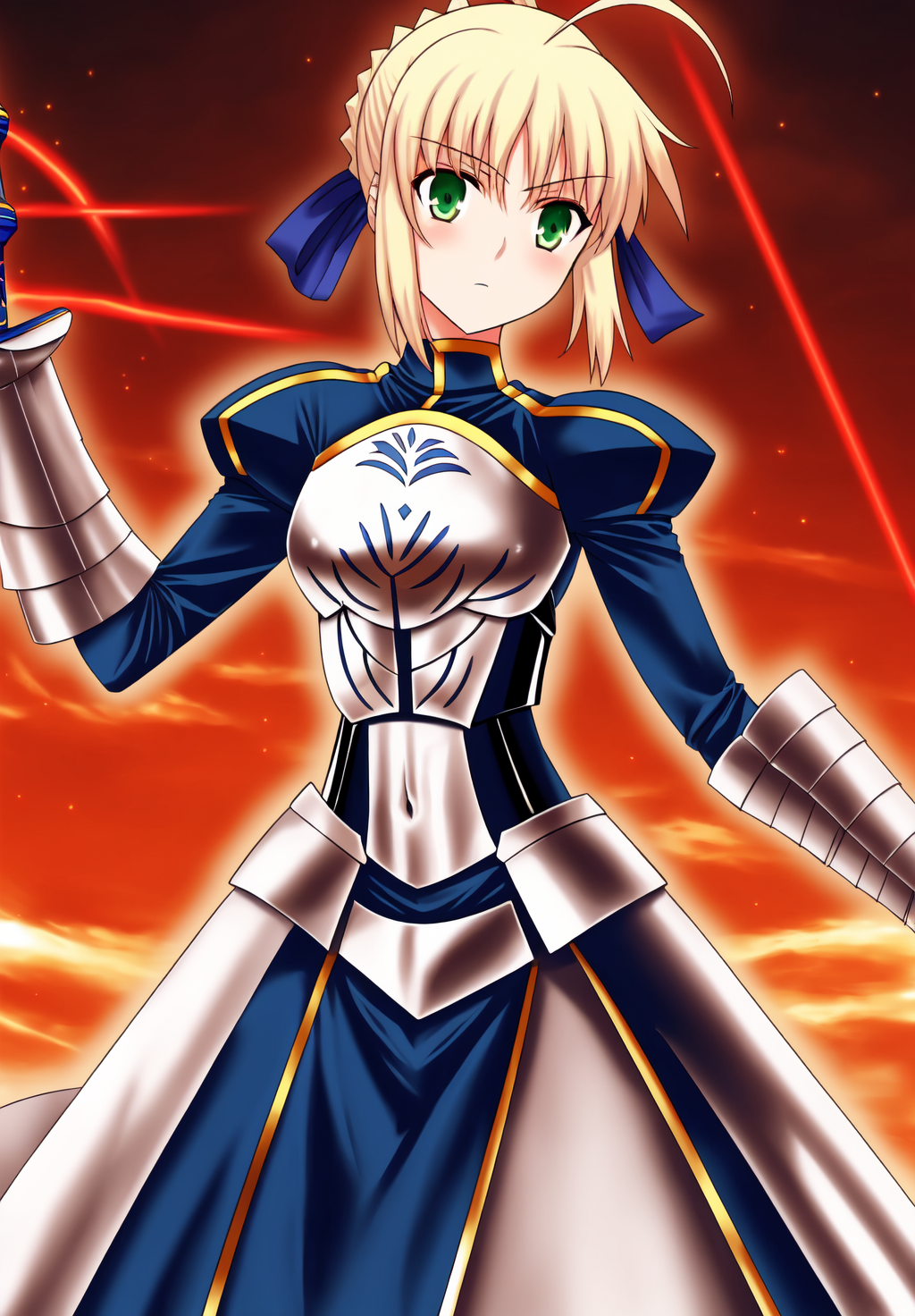 <lora:fate_nero:0.8>, fate_nero, 1girl, solo, dress, ribbon, navel, hair ribbon, armor,  gauntlets, artoria pendragon (fate), saber