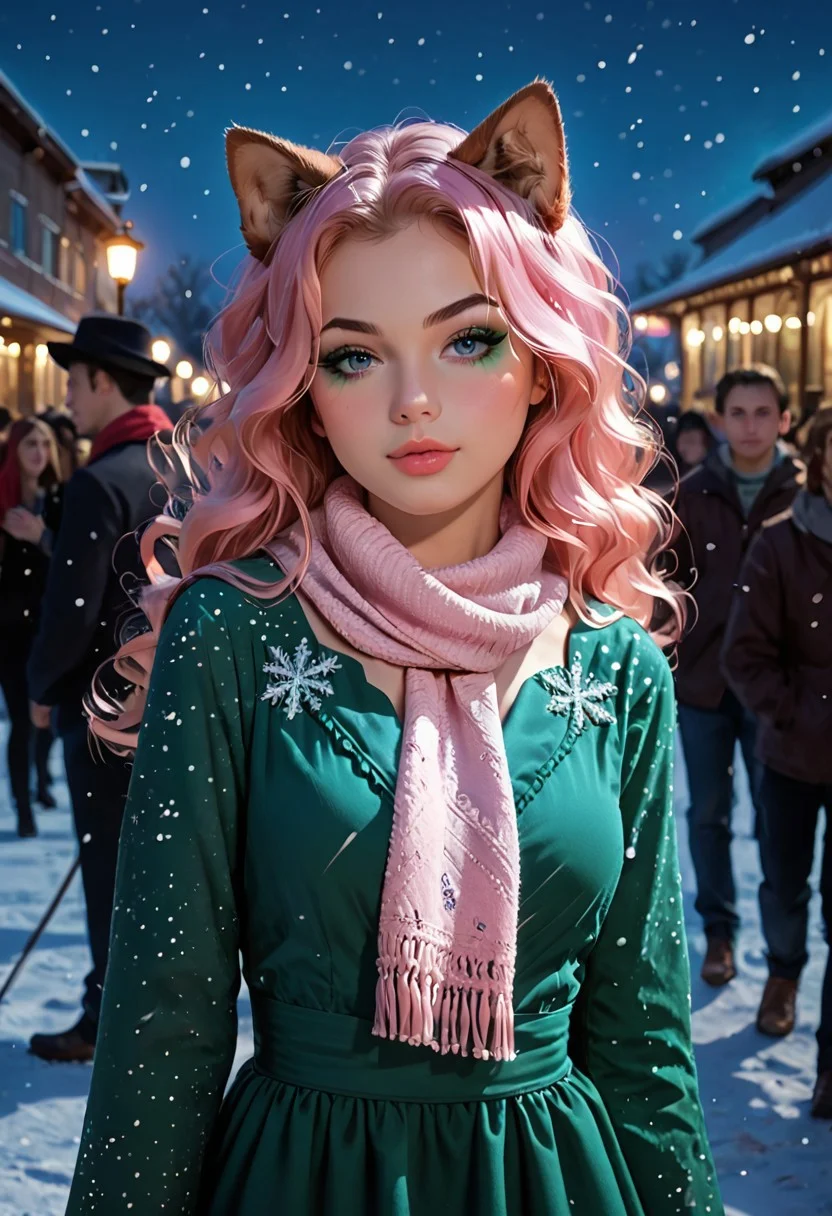 PonyScores, Expressiveh, score_9, score_8_up, score_7_up, available light, in spring, dusk, sunset, shy, posing, stylish_pose, 4n1v3rs3, 1girl, cute, (beautiful face), ((small boobs)), pink hair, long wavy hair, long hair, wavy hair, blue eyes, dark blue eyes, emerald eyes, g0th1c, dynamic_angle, head_tilt, cowboy_shot, masterpiece, (night, closeup), (face focus), slave choker, smoky eyes, beautiful makeup, dog ears, long dress, beautiful dress, green dress, ball gown, (((scarf, stole))), dancing, snowflake, snowfall, party, crowd in background