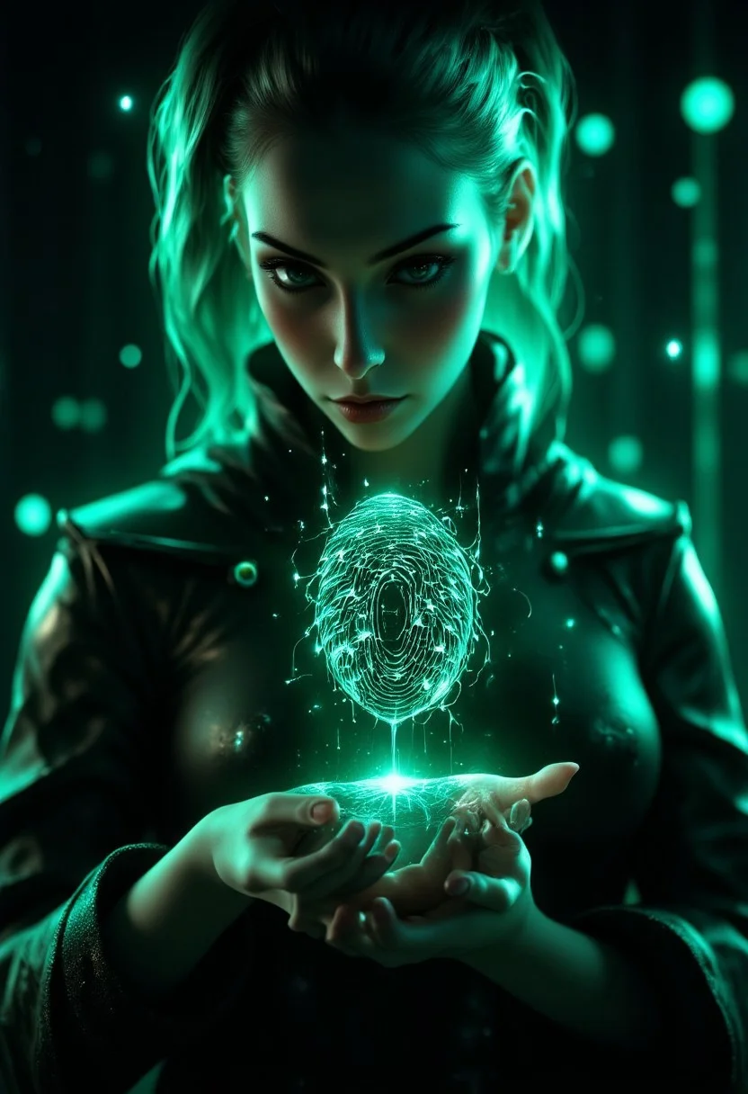 Emo woman upper body face close up. A hyper-detailed, futuristic close-up of a human fingertip illuminated by a soft green glow, revealing a complex, holographic circuit pattern etched into the skin, resembling a digital fingerprint. The intricate lines and nodes of the circuitry shimmer with a faint white and blue light, symbolizing advanced biometric technology. Surrounding the finger, a semi-transparent user interface displays scanning progress indicators, synchronization bars, and faint text overlays, adding to the high-tech aesthetic. The background is softly blurred, suggesting a sleek, digital environment while emphasizing the focus on the finger and its augmented details. <lora:aidmaFLUXPro1.1-FLUX-v0.3.safetensors:1.0>,  <lora:Dark side of light.safetensors:0.55>, <lora:Glitchcore_Flux.safetensors:0.8>,