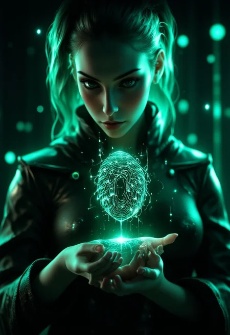 Emo woman upper body face close up. A hyper-detailed, futuristic close-up of a human fingertip illuminated by a soft green glow, revealing a complex, holographic circuit pattern etched into the skin, resembling a digital fingerprint. The intricate lines and nodes of the circuitry shimmer with a faint white and blue light, symbolizing advanced biometric technology. Surrounding the finger, a semi-transparent user interface displays scanning progress indicators, synchronization bars, and faint text overlays, adding to the high-tech aesthetic. The background is softly blurred, suggesting a sleek, digital environment while emphasizing the focus on the finger and its augmented details. <lora:aidmaFLUXPro1.1-FLUX-v0.3.safetensors:1.0>,  <lora:Dark side of light.safetensors:0.55>, <lora:Glitchcore_Flux.safetensors:0.8>,
