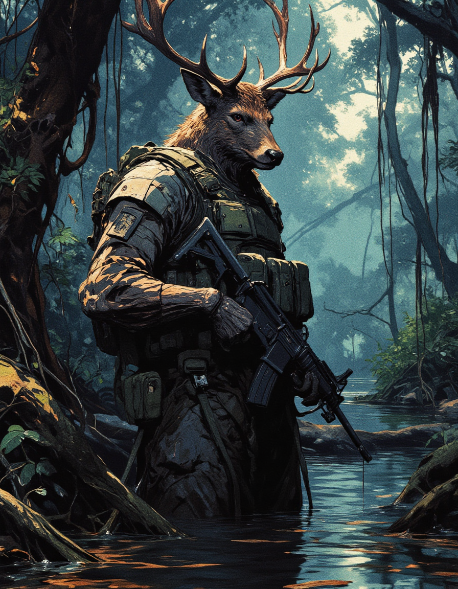 Humanoid maskukin  deer warrior with large antlers, Powerful massive horns, standing waist-deep in a dark, foggy swamp. His wet fur glistens under dim lighting, creating an eerie atmosphere. He is dressed in tactical military gear, including a bulletproof vest and backpack, gripping a modern assault rifle. The background features a dense, overgrown forest with tangled roots and hanging vines, illuminated by faint, moody light reflecting off the water. The scene is a blend of military realism 