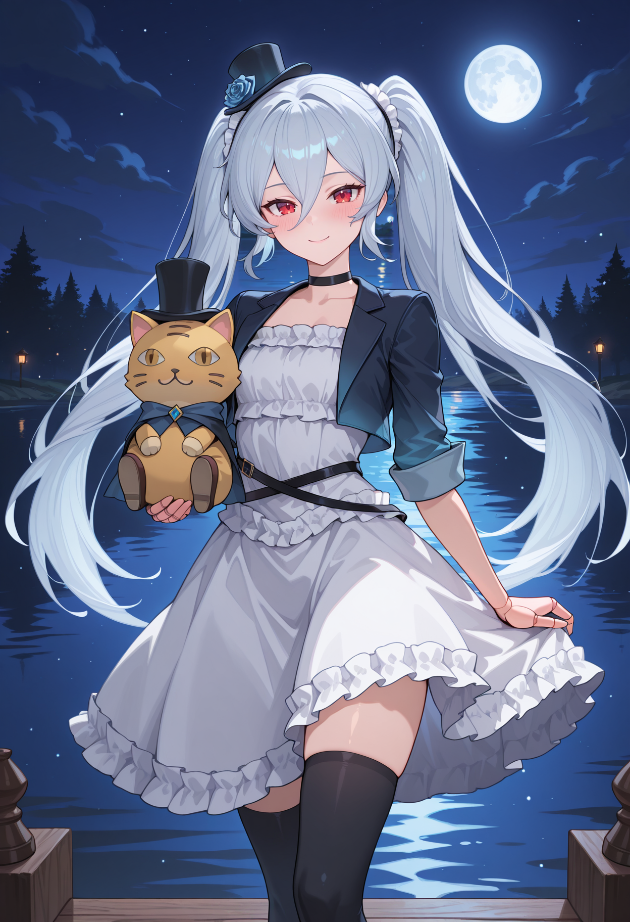 highres, best quality, masterpiece, night, full moon, lake,
1girl, solo, gbfochd, twintails, light blue hair, grey hair, very long hair, red eyes, joints, hair between eyes,
ochdeth, top hat, mini hat, hair ornament, blue rose, cropped jacket, black jacket, blue jacket, white dress, frilled dress, black choker, crossed belts, black thighhighs,
looking at viewer, blush,
stuffed toy, stuffed cat, holding, smile,
<lora:_orchid_gbf-elesico-ilxlA-000013:1>