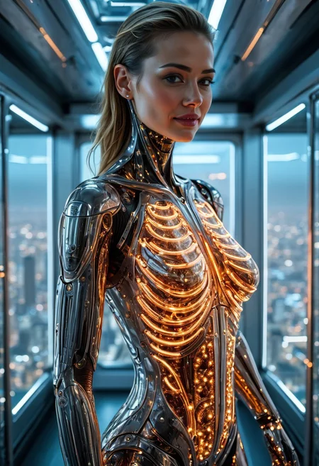 the most realistic, photorealistic photo ever taken [PORTRAIT MID BODY SHOT, extremely detailed, 8k, BEAUTIFUL FEMALE ANDROID (SEDUCTIVE SMILING:1.5), looking at the camera, IN A HIGH TECH FUTURISTIC LIFT OVERLOOKING THE CITY, LEDS,BIOMECHANICAL BODY PARTS, (glass TRANSPARENT ULTRA DETAILED BODY:1.5) SHOWING CIRCUITRY INSIDE THE BODY, Detailed hand, (DYNAMIC POSES:1.5), Perfect hand, ],ANDROID