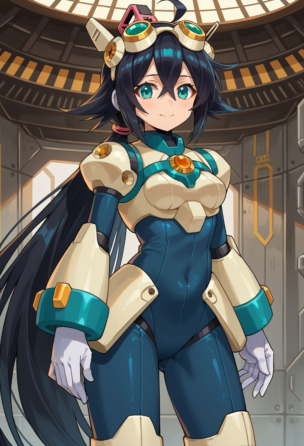score_9, score_7_up, source_anime, solo, BREAK  <lora:Reploid_v2.0:0.8> megamanreploid, android, gloves, white gloves, armor, bodysuit, robot ears,, solo, smile, 1girl, aqua eyes, (black hair:1.2), low ponytail, ahoge, absurdly long hair, very long hair, hair flaps, hair between eyes, bangs, crossed bangs, small breasts, (goggles on head:1.2),