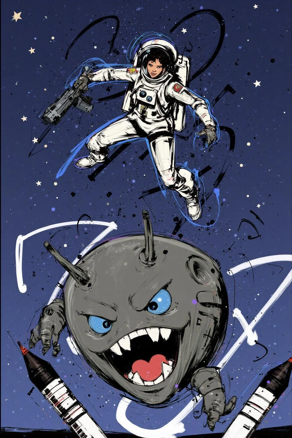 poster illustration.
A female astronaut is shown mid-flight, wearing a white spacesuit with black accents and a helmet. She is holding a futuristic weapon, and her expression is one of determination. The background is a deep blue with scattered stars, giving the impression of outer space. In the foreground, there is a large, grey, mechanical creature with a menacing expression. It has a wide-open mouth, a prominent blue eye, and two antennae on its head. The creature appears to be attacking or confronting the astronaut. Additionally, there are two black and white darts or projectiles in the lower left corner, which seem to be part of the scene's action. The overall style of the image is whimsical and cartoonish, with exaggerated features and vibrant colors. The scene suggests a dynamic and action-packed moment, likely from a story or animation. <lora:posterillustration_cap_d8a4e11:1.0><lora:846227820247081779:0>
