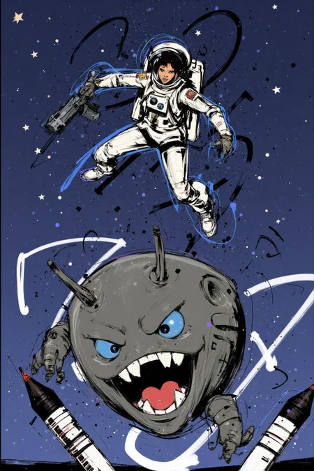 poster illustration.
A female astronaut is shown mid-flight, wearing a white spacesuit with black accents and a helmet. She is holding a futuristic weapon, and her expression is one of determination. The background is a deep blue with scattered stars, giving the impression of outer space. In the foreground, there is a large, grey, mechanical creature with a menacing expression. It has a wide-open mouth, a prominent blue eye, and two antennae on its head. The creature appears to be attacking or confronting the astronaut. Additionally, there are two black and white darts or projectiles in the lower left corner, which seem to be part of the scene's action. The overall style of the image is whimsical and cartoonish, with exaggerated features and vibrant colors. The scene suggests a dynamic and action-packed moment, likely from a story or animation. <lora:posterillustration_cap_d8a4e11:1.0><lora:846227820247081779:0>