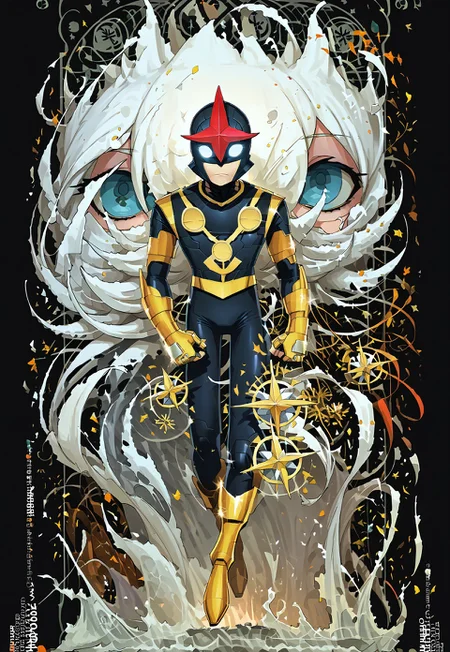 score_9, score_8_up, score_7_up, dynamic pose, full body shot, full body, source_anime, masterpiece, best quality, 1boy, Nova, Helmet, Glowing Eyes, No Pupils, Black Bodysuit, Gold Pauldrons, Gold Bracers, Gold Belt, Gold Boots . easynegative, ng_deepnegative_v1_75t, negative_hand, verybadimagenegative_v1.3, dark, chiaroscuro, low-key, pam-flwr, dark, chiaroscuro, low-key, easynegative, Expressiveh, thick outline, white outline