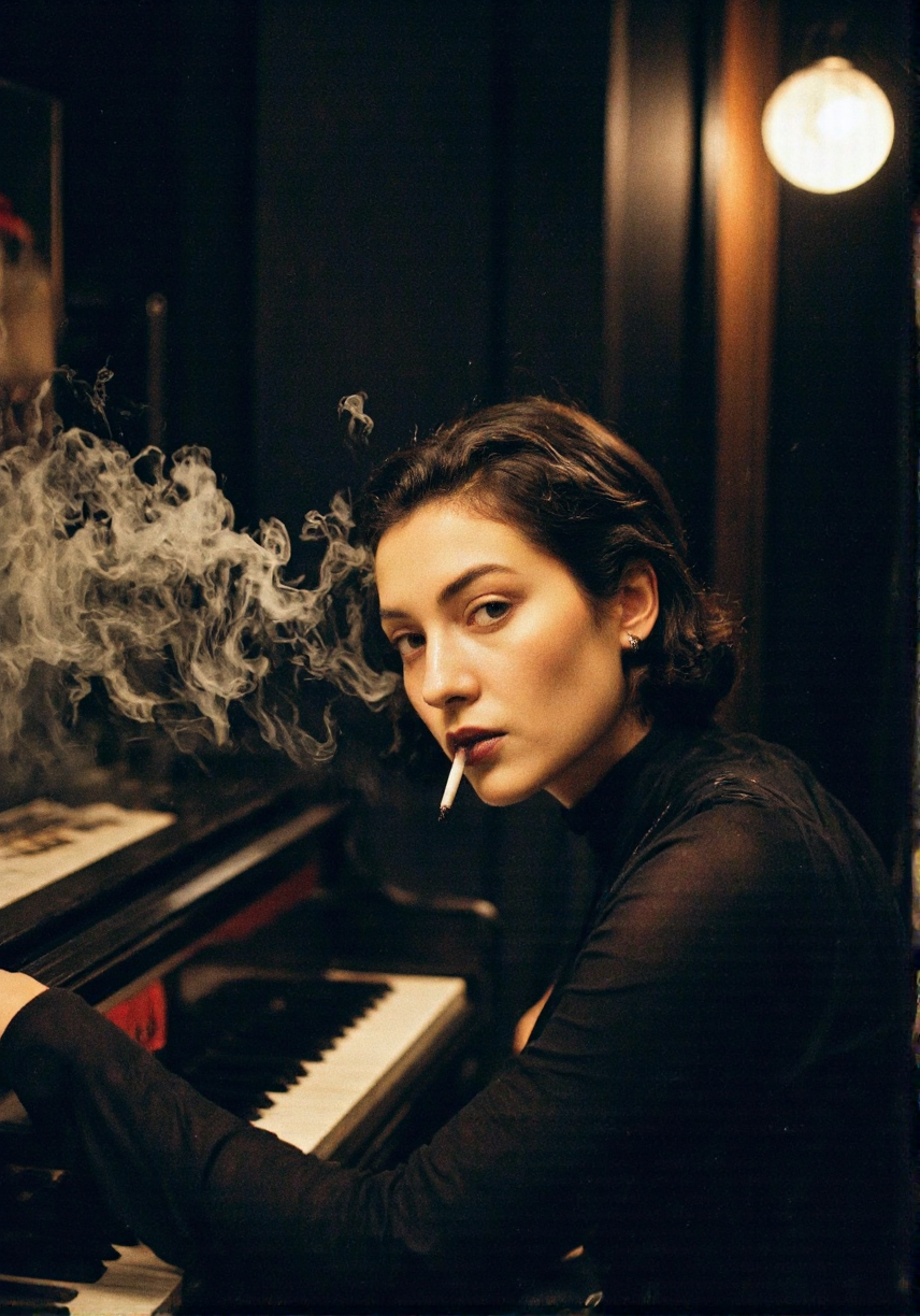 A cinematic photo. A photo-realistic shoot from a close-up camera angle about a woman playing a piano with smoke coming out of her mouth. the image also shows a dimly lit recording studio with a spotlight on the right side. on the middle of the image, a woman appears to be in her late twenties, with short black hair styled in a neat updo, wearing a black top and dark lipstick. she is sitting at a piano, playing the keys with a cigarette in her mouth, looking directly at the camera with a serious expression. smoke is rising from her mouth and around her neck, adding to the atmosphere of the scene. the lighting is soft and warm, creating a moody ambiance.