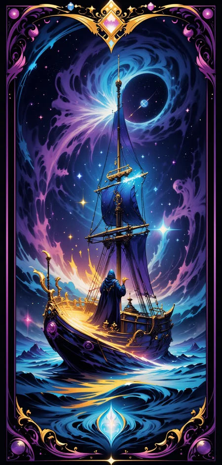 "A stylized Tarot card titled 'The Cosmic Voyager,' featuring a grand galleon with a hull of shimmering metal and wood,sailing across an ocean of deep space filled with luminous nebulae and spiraling galaxies. The ship,echoing the design of 'Lisette,' is propelled by sails made of pure energy,glowing with vibrant hues of blue and violet. At the heart of the card,'The Voyager' is depicted as a figure cloaked in a robe that shifts like the night sky,holding a radiant astrolabe that casts beams of light across the cosmos. The border is intricately detailed with celestial motifs and futuristic patterns,glowing softly against the dark,cosmic backdrop. The scene captures the spirit of exploration and the endless journey through the mysteries of the universe.",
<lora:abstract_render_flux:0.4>,<lora:Painted_World_Flux:0.8>,<lora:Dreamwave_FLUX:0.6>,<lora:dreamlands_flux:0.6>,