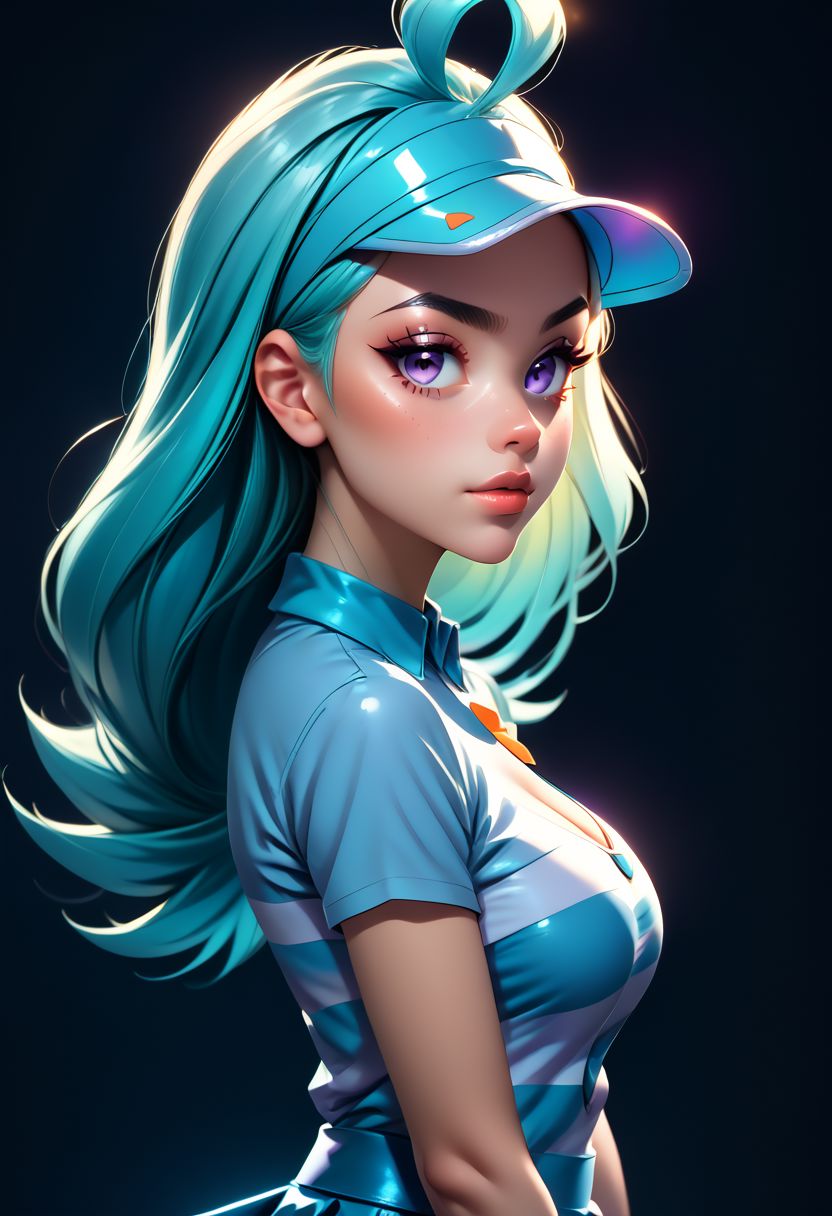 score_9, score_8_up, score_7_up, score_6_up, score_5_up, score_4_up score_9,score_8_up, digital art, upper body shot, realistic 3D illustration, 
(big breasts, cleavage,),
BREAK,
zzKahili, 1girl, solo, aqua hair, purple eyes, short sleeves, striped shirt, collared shirt, miniskirt, blue skirt, kneehighs, blue headwear, visor cap,
BREAK,
, soft lighting, contemplative expression, dark background, subtle makeup, high-resolution, detailed texture, emotional depth, dramatic mood, side profile, serene atmosphere, cinematic lighting. perfectly round breasts, big breasts, firm breasts, SkinHairDetail, eye contact