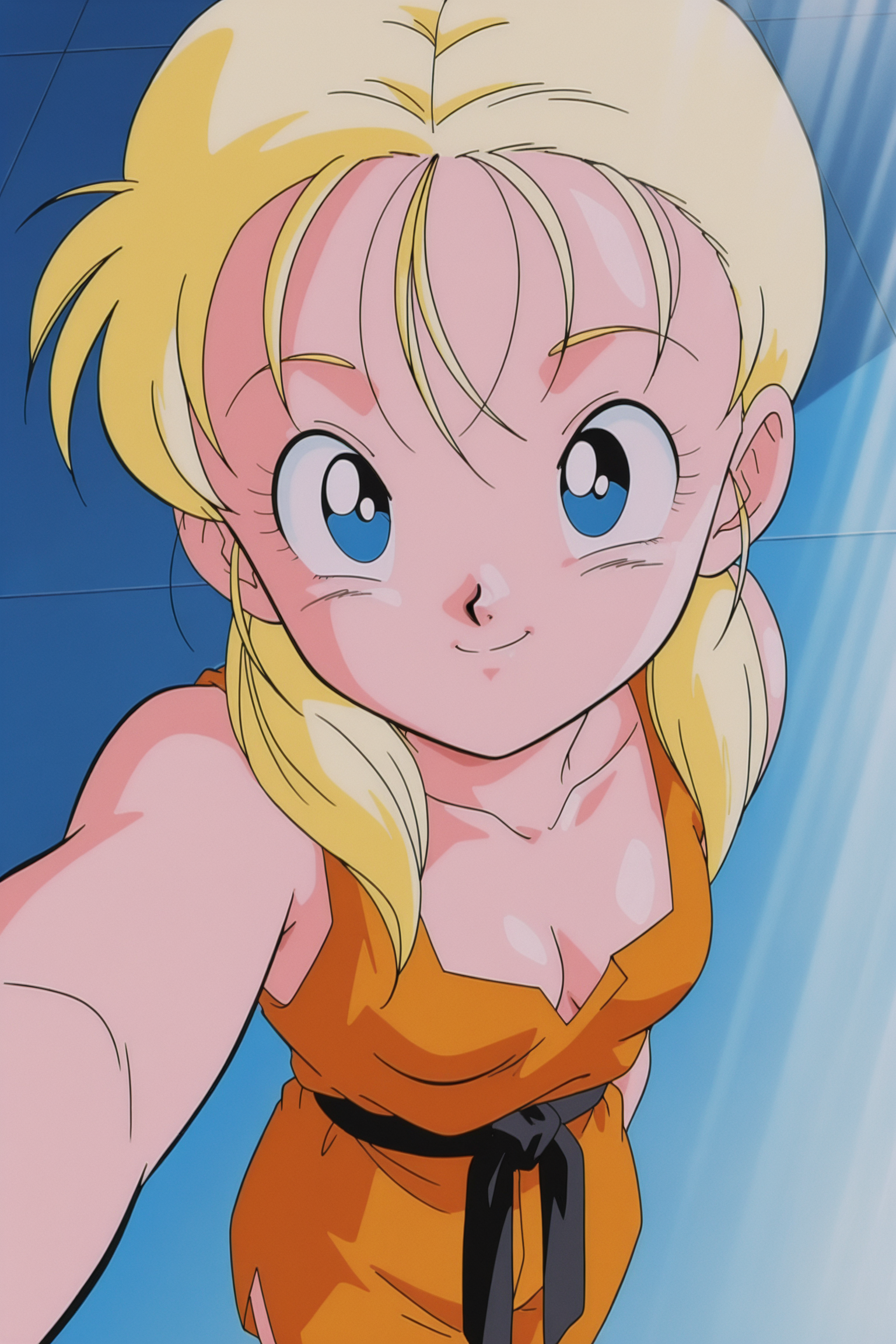 anime screencap, masterpiece, best quality, amazing quality, very aesthetic, absurdres,  newest, (scenery, volumetric lighting),
1990s \(style\), anime coloring, retro artstyle, 
marron, blue eyes, blonde hair, twintails,
orange dougi, sleeveless, black sash, selfie, from above, smile, collarbone, cleavage, small breasts, looking at viewer, 
dappled sunlight, light rays, 
 <lora:Marron_IL:0.8>