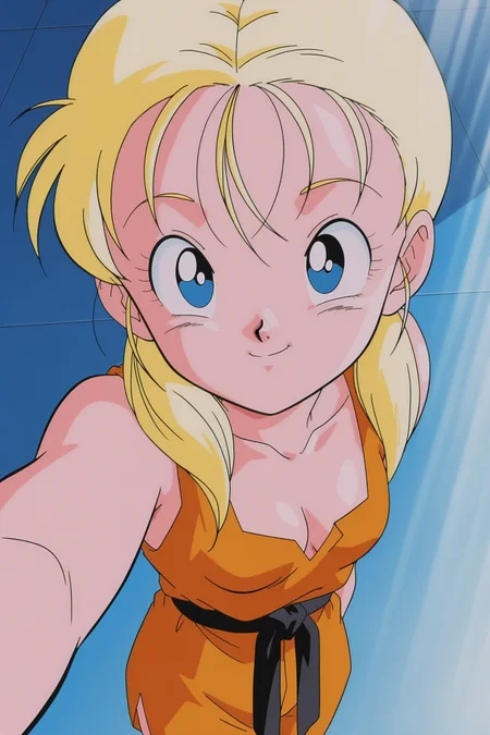 anime screencap, masterpiece, best quality, amazing quality, very aesthetic, absurdres, newest, (scenery, volumetric lighting),
1990s \(style\), anime coloring, retro artstyle,
marron, blue eyes, blonde hair, twintails,
orange dougi, sleeveless, black sash, selfie, from above, smile, collarbone, cleavage, small breasts, looking at viewer,
dappled sunlight, light rays,
<lora:Marron_IL:0.8>