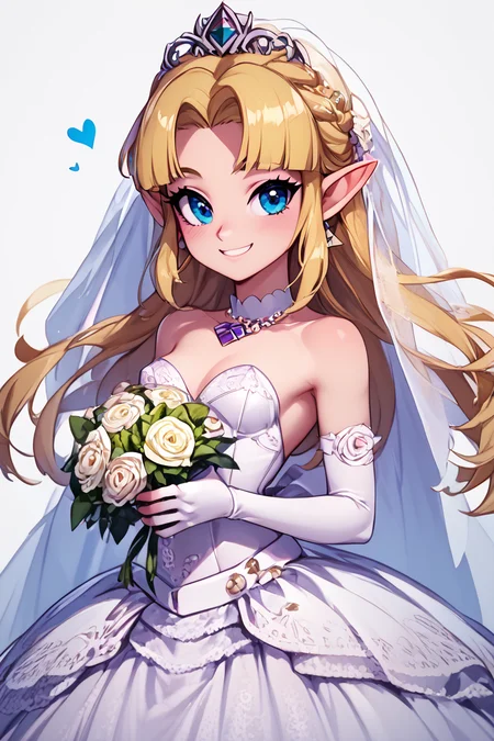 score_9, score_8_up, score_8, medium breasts, (curvy), cute, eyelashes,       BREAK, , zzUZelda, blonde hair,  <lora:UltimatePrincessZelda_PDXL_v1:0.8>,, BREAK, smile, looking at viewer,  bride, wedding dress, bridal veil, strapless dress, elbow gloves,  holding bouquet,  hearts, white outline, cowboy shot, embedding:zPDXL, Expressiveh,  <lora:Vivid:0.7>,  <lora:LFashionPDXL:1>,  <lora:Uncensored_PonyXL_cpt_v02.09:0.4>,  <lora:Expressive_H-000001:0.4>,