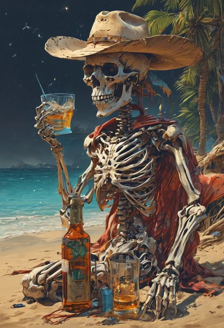 score_9, score_8_up, score_7_up, 1skeleton, skeletal, wearing cowboy hat, speedo, beach, lounging, beach towel, v hand, holding drink