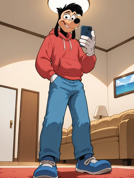<lora:Max-Goof-Illustrious:1>,max-goof, solo, 1boy, male focus, black eyes, white gloves, full body, furry male,,high quality, detailed, furry, male, solo male, broad shoulders, mature male, athletic build, stubble, anthro, anthro male, bottom heavy, grinning, looking at viewer, hands in front pocket, red hoodie, blue jeans, bust shot, half-body shot, living room, high quality , blue shoes,afterglow, taking a selfie,, ((Low-Angle Shot))