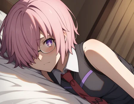 score_9, score_8_up, score_7_up, source_anime,
mashkyrielight, <lora:mash-kyrielight-babylonia-s1-ponyxl-lora-nochekaiser:1>,
mash kyrielight, short hair, purple eyes, pink hair, hair over one eye,
glasses, hood, shirt, collared shirt, white collar, black shirt, necktie, red necktie, sleeveless, off shoulder,
indoors, bed, bed room, on side, blush, drunk,
looking at viewer, cowboy shot, solo, dutch angle,