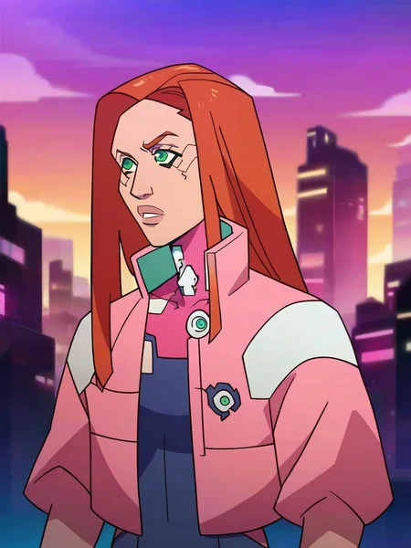 <lora:Atomic_EvaV2:0.9> a_e, 1girl, ginger long hair, green eyes, pink lips, ((cyberpunk outfit)), night city background, score_9, score_8_up, score_7_up,