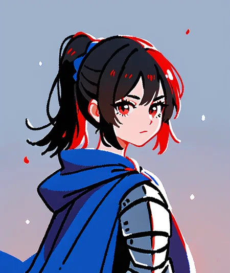 <lora:tpontç®ç¬ç»:0.75>,
score_9,score_8_up,score_7_up,
solo,female focus,looking at viewer,knight,cape,portrait,medium hair,ponytail,armor,closed mouth,cowboy shot,red eyes,