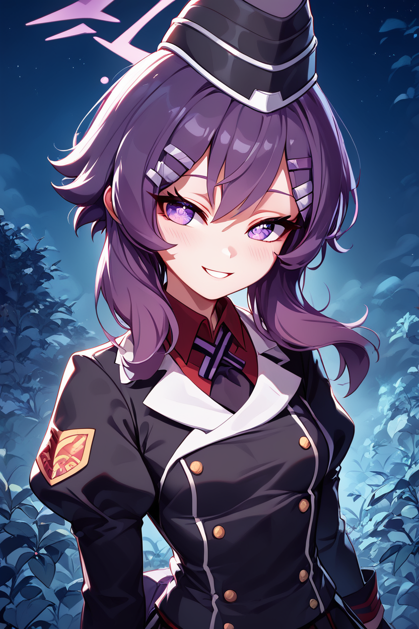 score_9, score_8_up, score_8, medium breasts, (curvy), cute, eyelashes,       BREAK, , ,,, zzHaruka,  Haruka (blue archive), purple eyes, purple hair, medium hair, halo, hairclip, purple halo, hat black skirt, garrison cap, juliet sleeves, black jacket, pleated skirt,  <lora:Haruka_BlueArchive_PDXL:0.8>,    ,,,, BREAK, ,,, upper body, smile, looking at viewer, ,,, shiny skin, <lora:ProAnime_PDXL_v1:0.8>, night, soft shadows, moonlight reflecting off skin, whisper of wind, ,,, embedding:zPDXL, Expressiveh, <lora:SDXLFaeTastic2400:0.5>, <lora:Expressive_H-000001:0.4>,