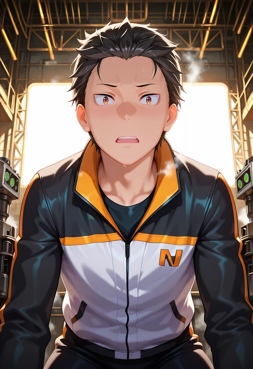 masterpiece, best quality, intricate details, (3d:0.4), looking at viewer, 1boy, solo, male focus, <lora:subaru_natsuki_ilxl:0.92>, subaru_natsuki, black hair, brown eyes, short hair, natsuki subaru, hair slicked back, track jacket, industrial revolution, smoky factories, iron machinery, bustling workers, laboring pose, focused expression, steam-powered glow, jester costume