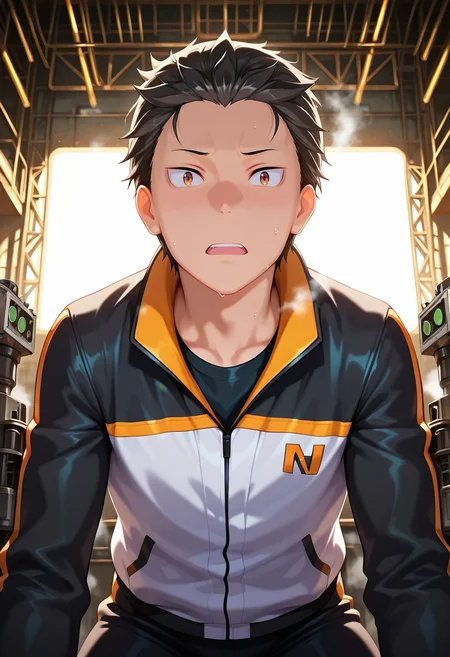 masterpiece, best quality, intricate details, (3d:0.4), looking at viewer, 1boy, solo, male focus, <lora:subaru_natsuki_ilxl:0.92>, subaru_natsuki, black hair, brown eyes, short hair, natsuki subaru, hair slicked back, track jacket, industrial revolution, smoky factories, iron machinery, bustling workers, laboring pose, focused expression, steam-powered glow, jester costume