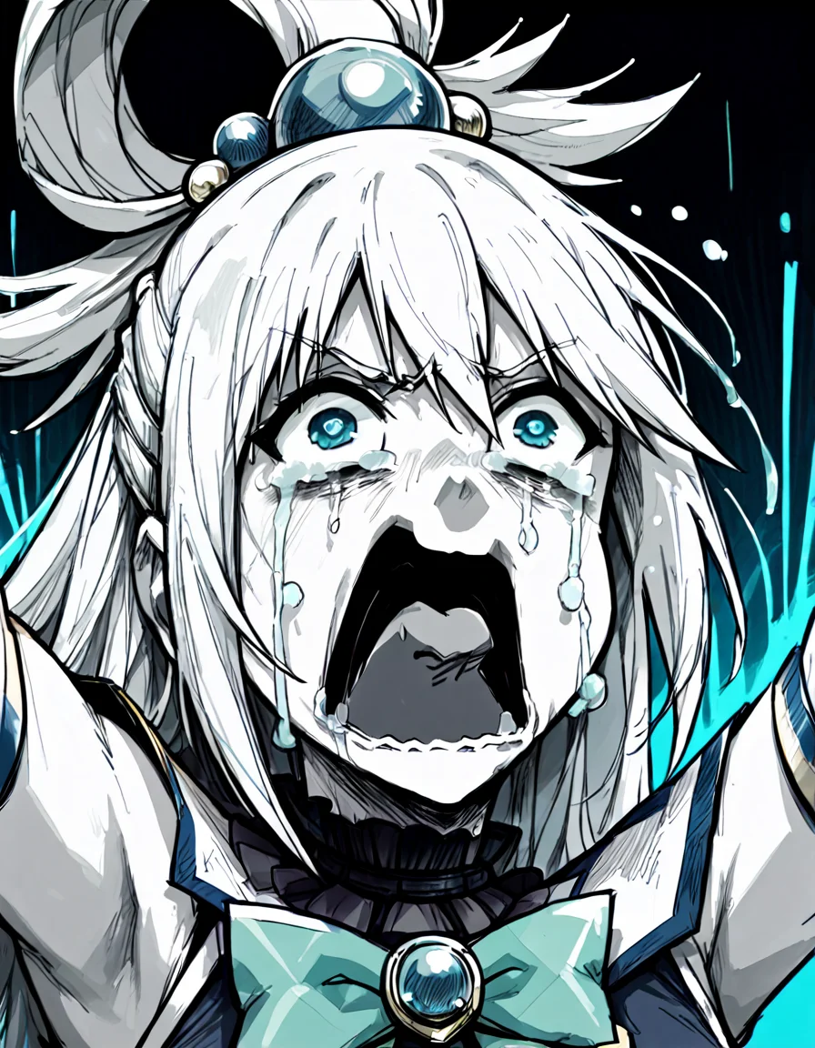 score_9, score_8_up, score_7_up, <lora:Messy Sketch Style:1>, aqua \(konosuba\), <lora:concept_aquascreaming_ponyXL:1> crying with eyes open, screaming limited pallet, blue theme, blue neon background, blue glow, monochrome, black background