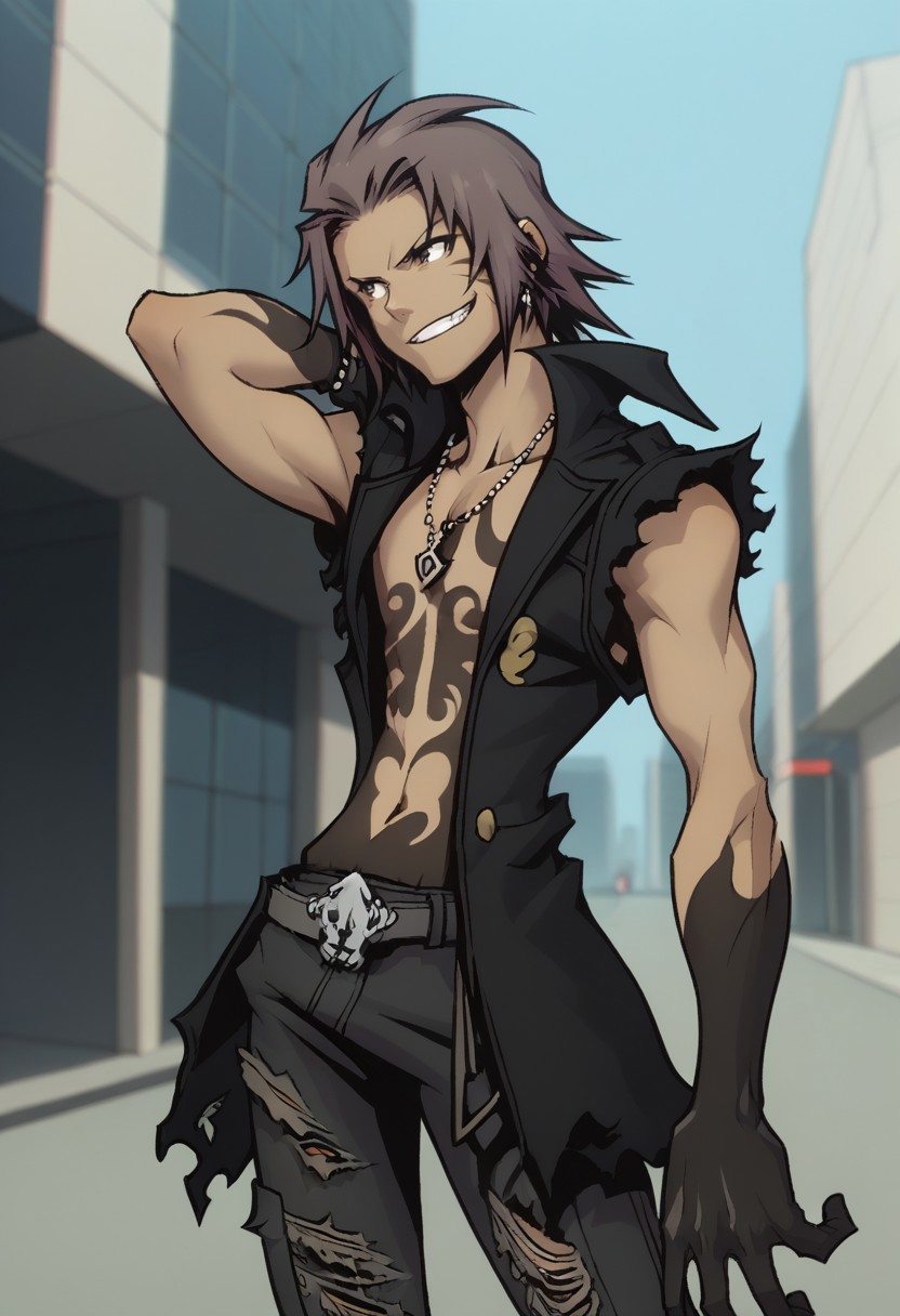 score_9, score_8_up, score_7_up, source_anime, highly detailed, 

minamoto, 1boy, male focus, solo, gloves, torn clothes, jewelry, tattoo, necklace, smile, grin, dark-skinned male,
pants, black gloves, black hands, belt, torn pants, brown hair, dark skin, open jacket, open clothes, tattoo, tatto on chest,

outdoor, street, building, sky