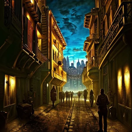 RAW photo, (masterpiece:1.3), subsurface scattering, heavy shadow, (high quality:1.4), (intricate, high detail:1.2), professional photography, HDR, High Dynamic Range, realistic, ultra realistic, photorealistic, high resolution, ambient lighting, atmospheric effects, OverallDetail, alley, building, city, hood, lamppost, multiple boys, multiple girls, neon lights, night, nightcity, outdoors, people, road, scenery, science fiction, sign, sky, skyscraper, solo, street, sunlight, weapon, epiCPhoto